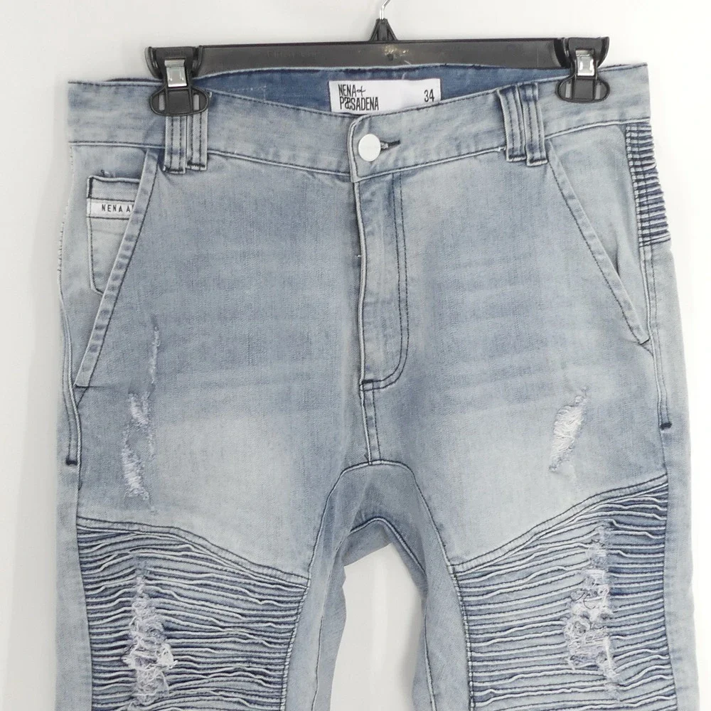 Nena & Pasadena Skinny Fit Distressed Light Wash Blue Jeans‎ Men's 34 34x30